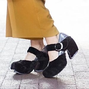 John Fluevog Prepare Leader Floral Shearling Mary Janes